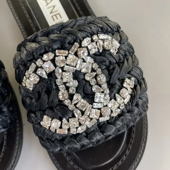 Chanel Black Raffia Sandals With Crystal Embellishments CC Logo 36C - Picture 4 of 14
